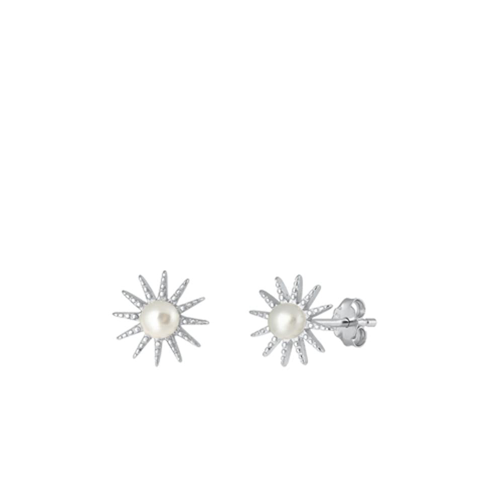 Sterling Silver Classic Freshwater Pearl Sun High Polished Earrings .925 New
