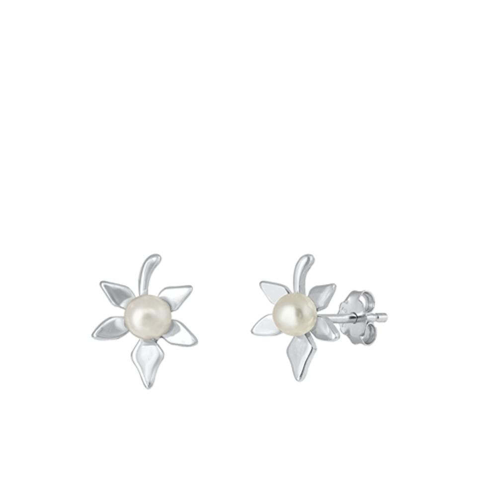 Sterling Silver Polished Freshwater Pearl Flower High Polished Earrings .925 New