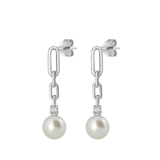 Sterling Silver Chic Fashion Freshwater Pearl Clear CZ Dangle Earrings 925 New