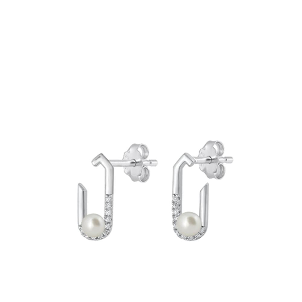 Sterling Silver Polished Freshwater Pearl Clear CZ Elegant Earrings 925 New