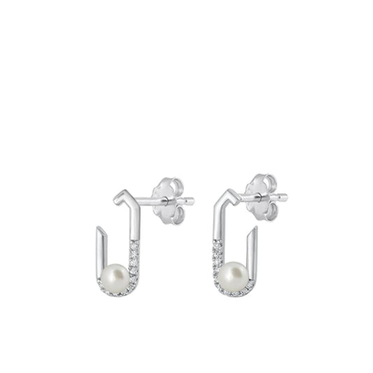 Sterling Silver Polished Freshwater Pearl Clear CZ Elegant Earrings 925 New