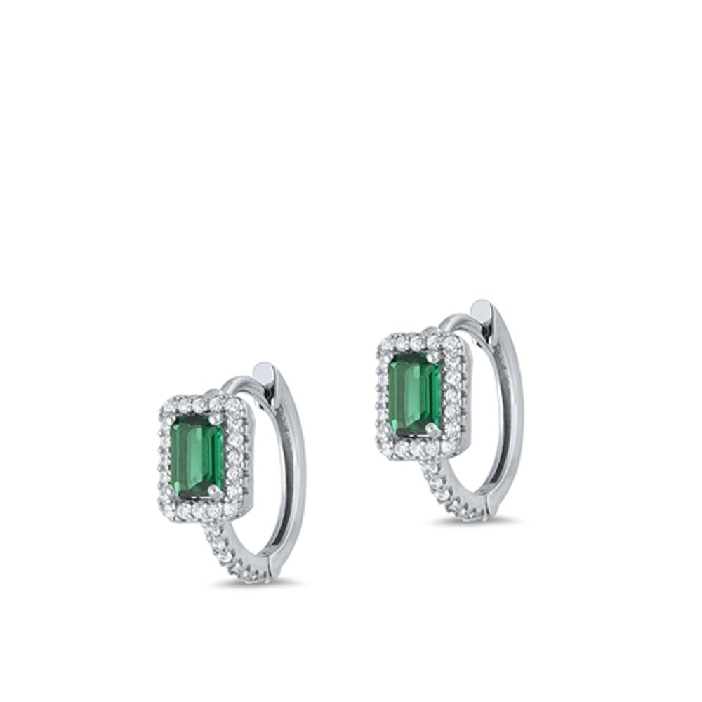 Sterling Silver Fashion Halo Emerald CZ Clear CZ Hoop Earrings 925 New