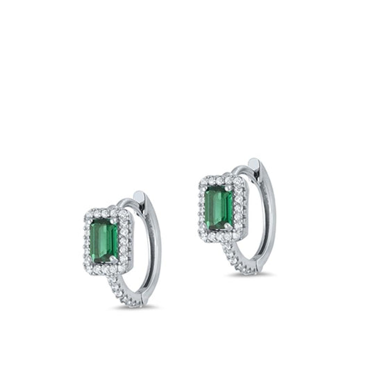 Sterling Silver Fashion Halo Emerald CZ Clear CZ Hoop Earrings 925 New
