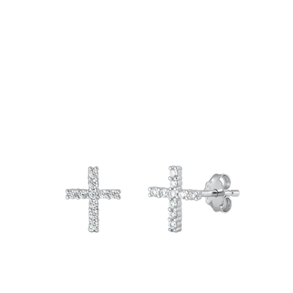 Sterling Silver Clear CZ Cross Stud High Polished Fashion Earrings .925 New