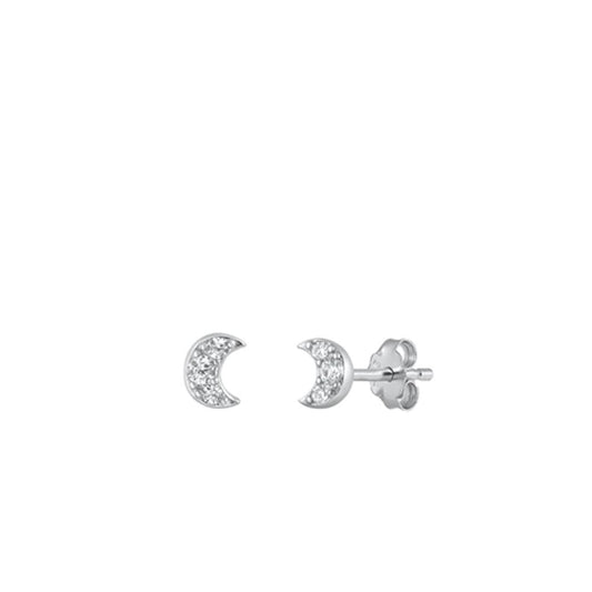 Sterling Silver Clear CZ Crescent Moon Stud High Polished Earrings .925 New