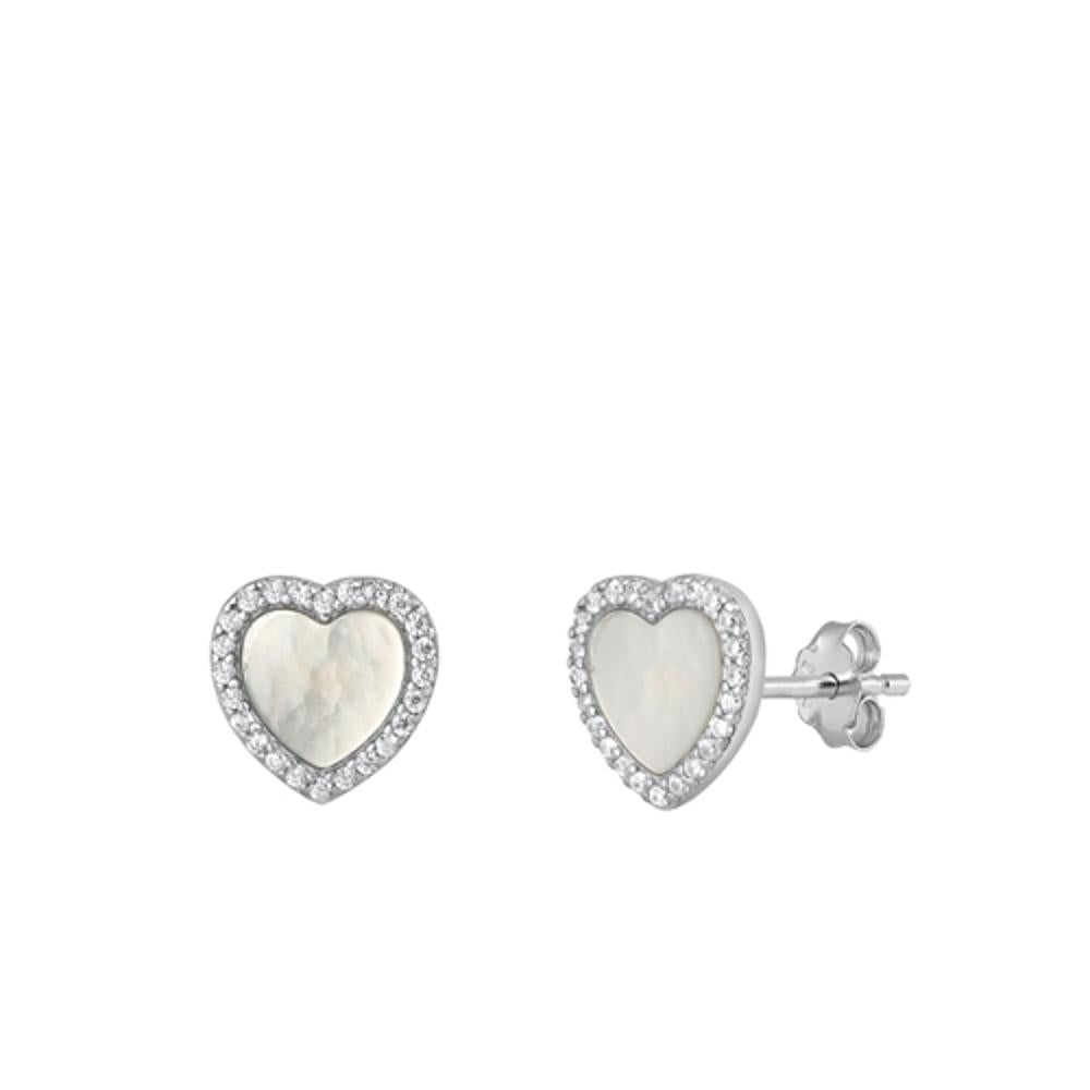 Sterling Silver Beautiful Mother of Pearl Clear CZ Heart Stud Earrings .925 New