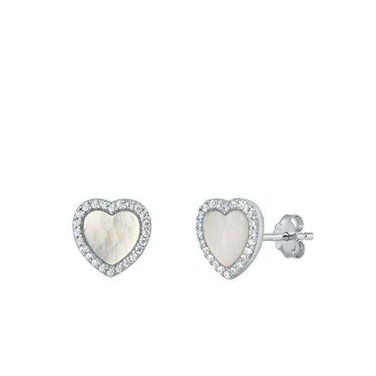 Sterling Silver Beautiful Mother of Pearl Clear CZ Heart Stud Earrings .925 New