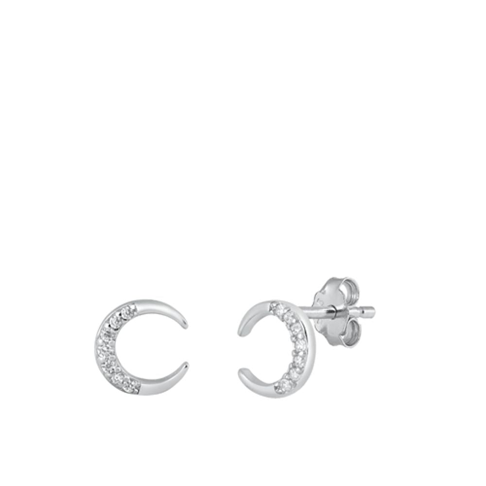 Sterling Silver Clear CZ Crescent Moon Stud High Polished Earrings .925 New