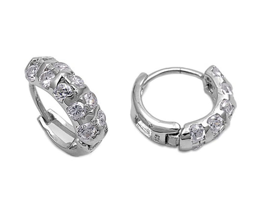 Huggie Hoop Earrings Clear Simulated CZ .925 Sterling Silver