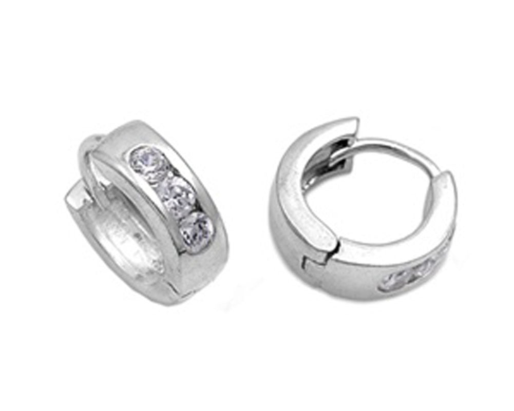 Huggie Hoop Earrings Clear Simulated CZ .925 Sterling Silver