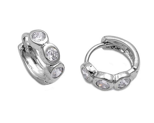 Huggie Hoop Earrings Clear Simulated CZ .925 Sterling Silver