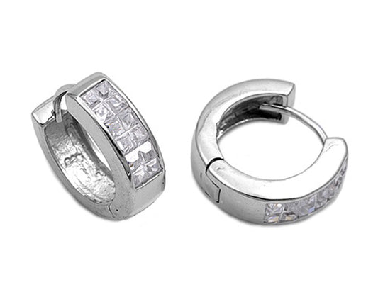 Sterling Silver Huggie Hoop Classic Studded Traditional Earrings Clear CZ 925