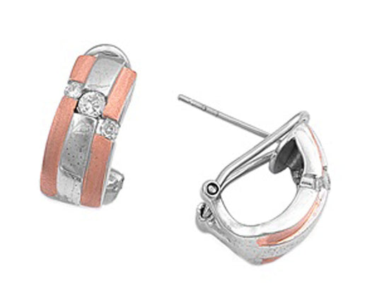 Sterling Silver Unique Huggy Hoop Stripe Modern Earrings Clear CZ 925 New