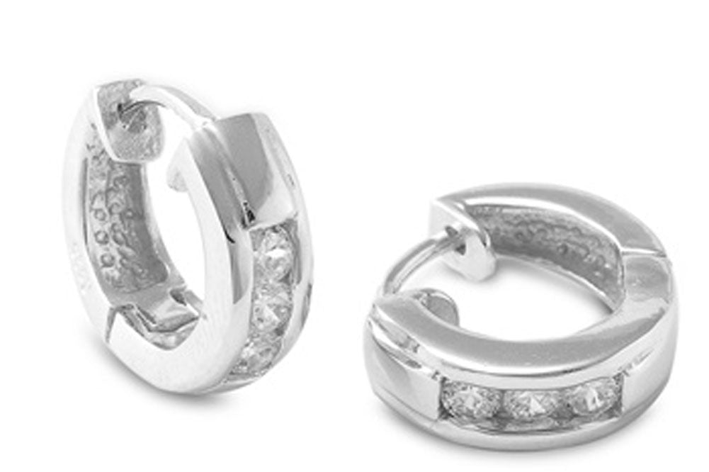 Huggie Hoop Earrings Clear Simulated CZ .925 Sterling Silver