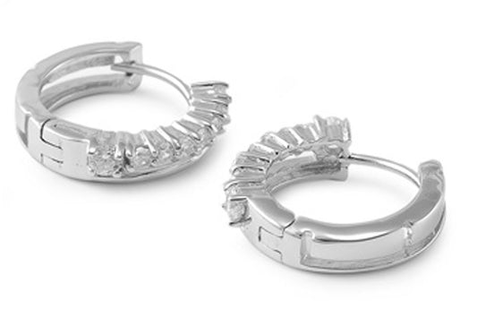 Journey Huggie Hoop Earrings Clear Simulated CZ .925 Sterling Silver