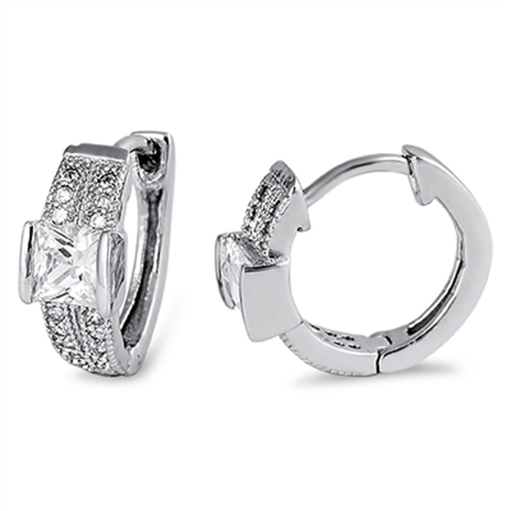 Square Huggie Hoop Earrings Clear Simulated CZ .925 Sterling Silver