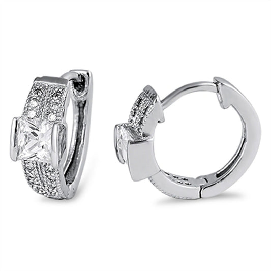 Square Huggie Hoop Earrings Clear Simulated CZ .925 Sterling Silver