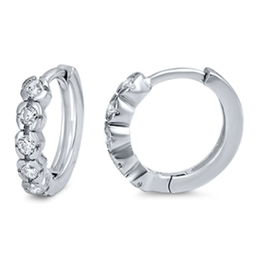 Simple Stacked Circle Hoop High Polish Clear Simulated CZ .925 Sterling Silver Huggie Hoop Earrings