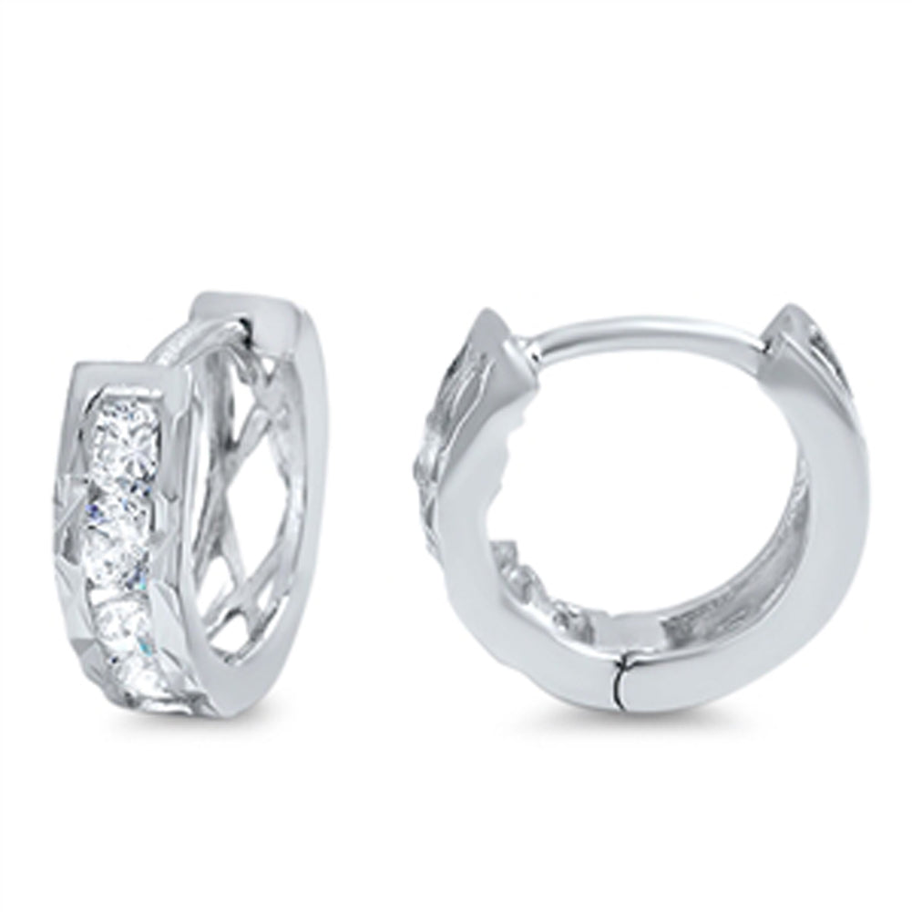 Cute Sparkly Huggie Hoop Classic Clear Simulated CZ .925 Sterling Silver Huggie Hoop Earrings