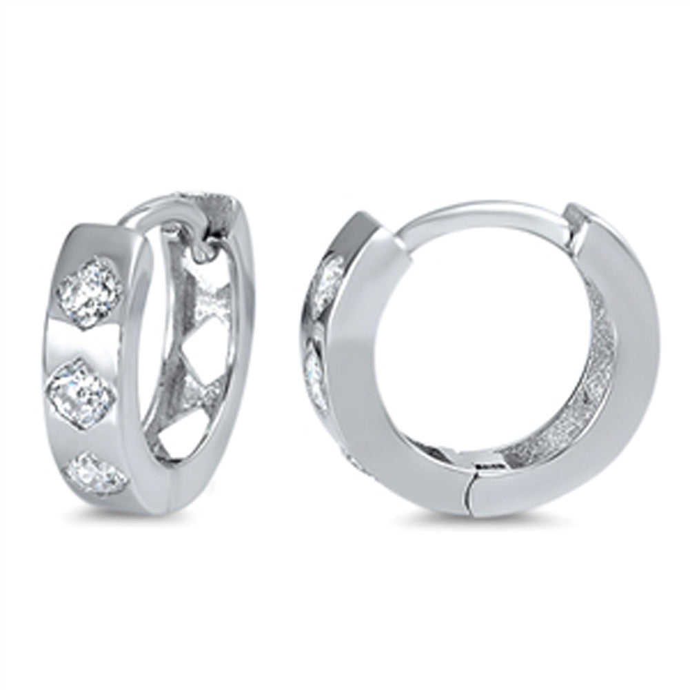 Studded Huggie Hoop Classic Clear Simulated CZ .925 Sterling Silver Cutout Huggie Hoop Earrings