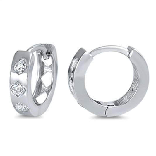 Studded Huggie Hoop Classic Clear Simulated CZ .925 Sterling Silver Cutout Huggie Hoop Earrings