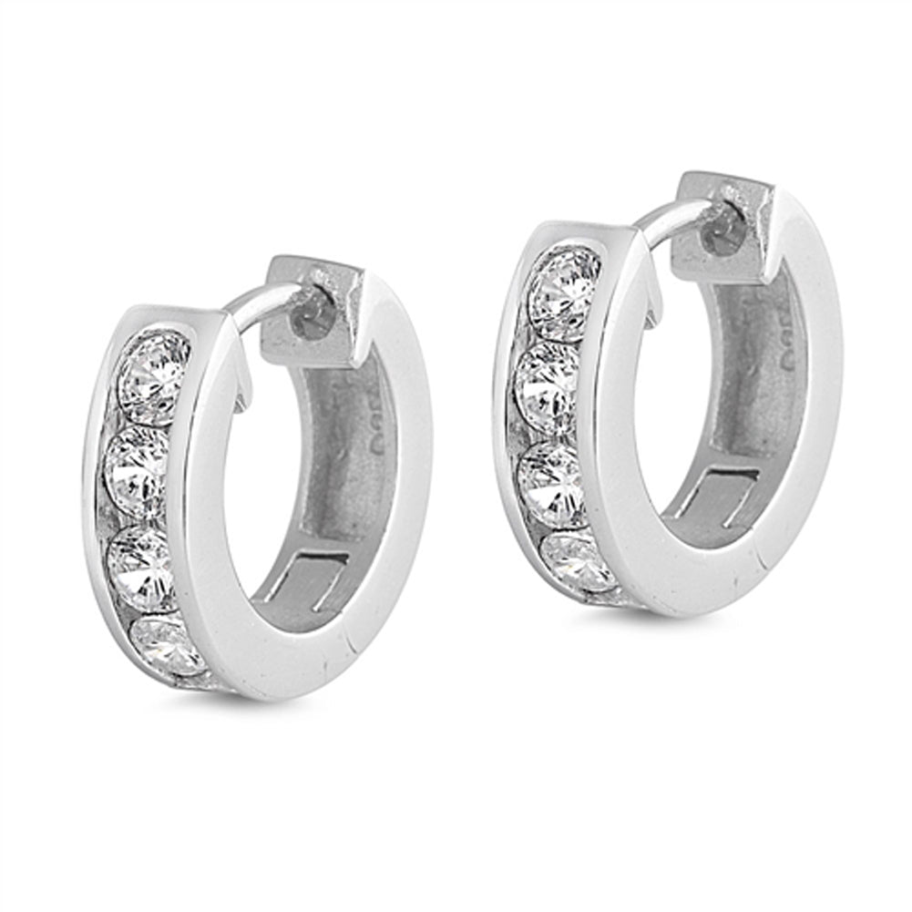 Sparkly Huggie Hoop Classic Clear Simulated CZ .925 Sterling Silver Simple Huggie Hoop Earrings