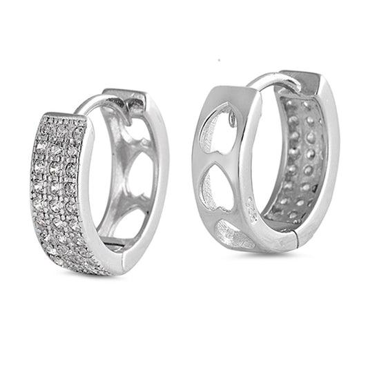 Promise Heart Unique Studded Huggie Hoop Open Clear Simulated CZ .925 Sterling Silver Huggie Hoop Earrings