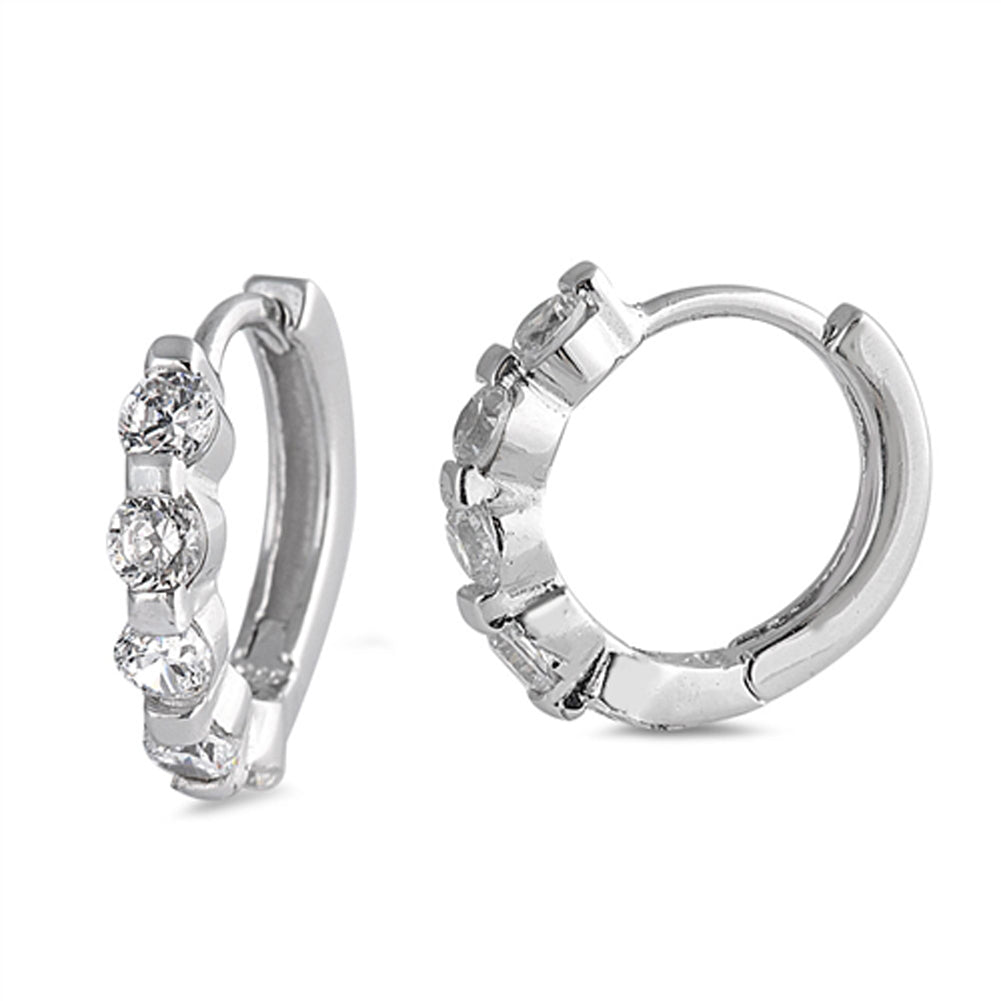 Unique Studded Huggie Hoop Sparkly Clear Simulated CZ .925 Sterling Silver Huggie Hoop Earrings