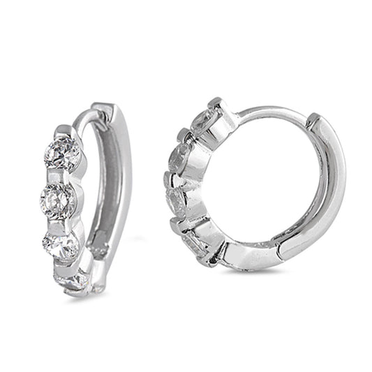 Unique Studded Huggie Hoop Sparkly Clear Simulated CZ .925 Sterling Silver Huggie Hoop Earrings