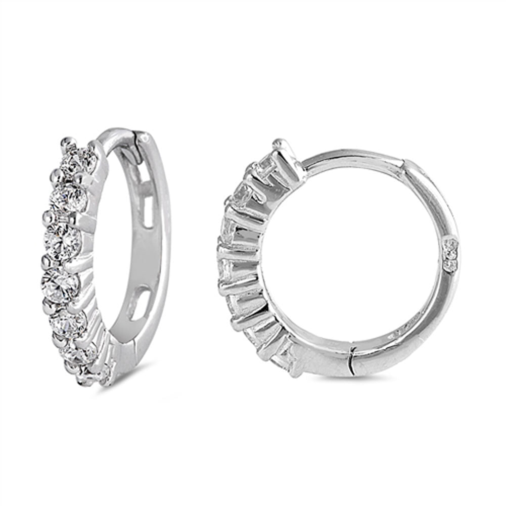 Studded Burst Huggie Hoop Sparkly Clear Simulated CZ .925 Sterling Silver Huggie Hoop Earrings