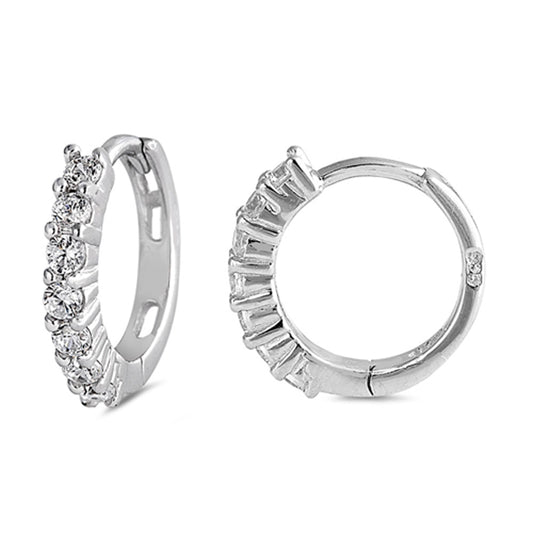 Studded Burst Huggie Hoop Sparkly Clear Simulated CZ .925 Sterling Silver Huggie Hoop Earrings