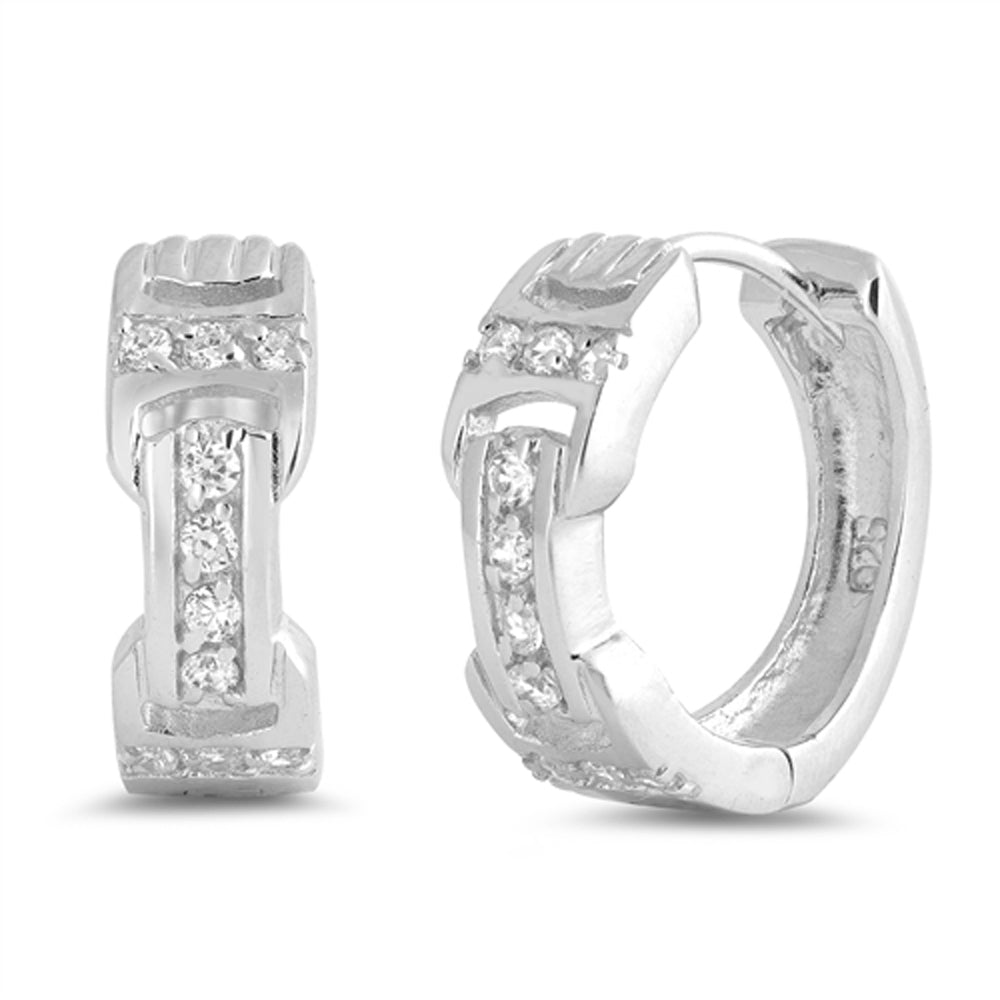 Sterling Silver Buckle Hoop Huggie Studded Modern Earrings Clear CZ 925 New