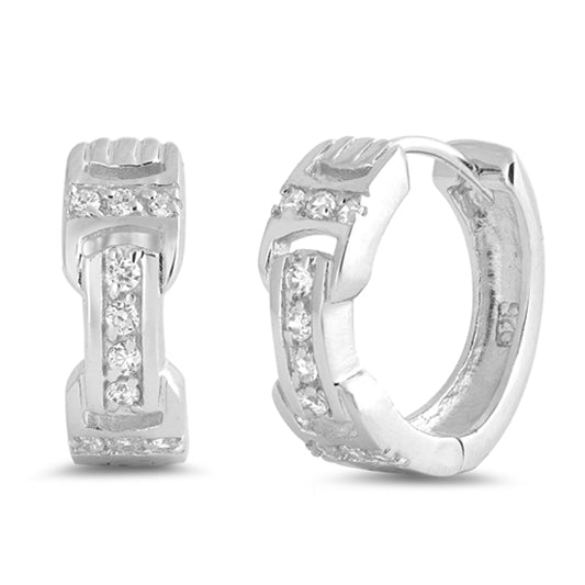 Sterling Silver Buckle Hoop Huggie Studded Modern Earrings Clear CZ 925 New