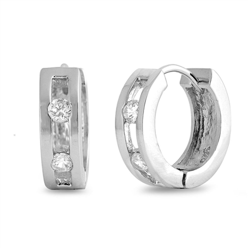 Sterling Silver Simple Studded Huggie Hoop Classic Elegant Earrings Clear CZ 925