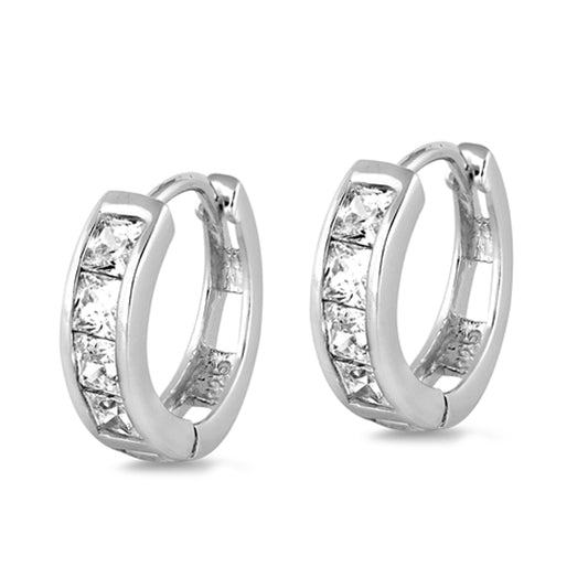Sterling Silver Simple Hoop Minimalist Classic Modern Huggie Earrings Clear CZ