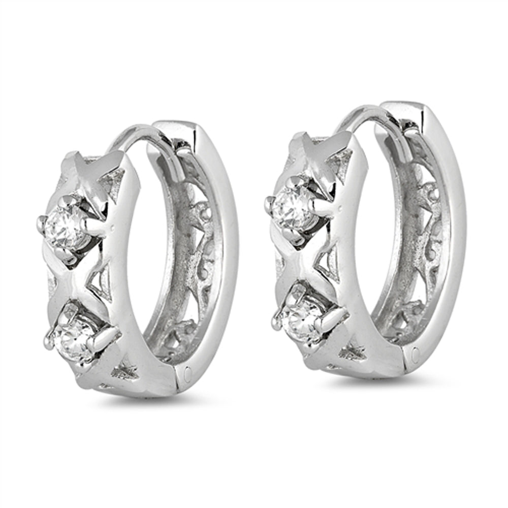 Sterling Silver Modern Hoop Criss Cross Studded Simple X Earrings Clear CZ 925