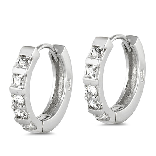 Sterling Silver Simple Modern Hoop Geometric Linear Classic Earrings Clear CZ