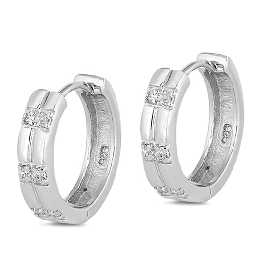 Sterling Silver Simple Modern Hoop Elegant Modern Studded Earrings Clear CZ 925