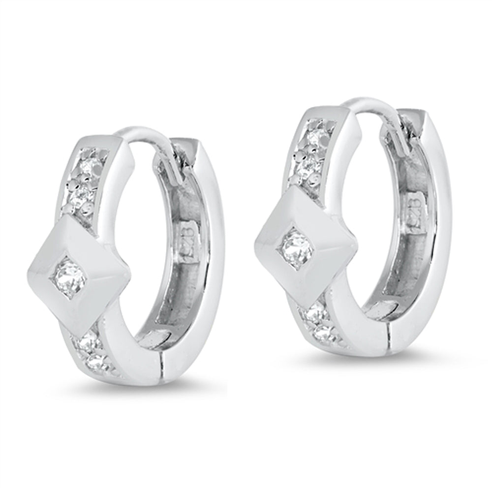 Sterling Silver Studded Modern Hoop Geometric Unique Huggie Earrings Clear CZ
