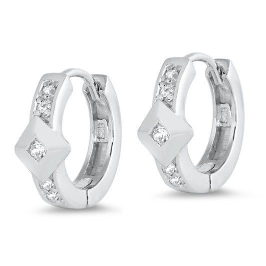Sterling Silver Studded Modern Hoop Geometric Unique Huggie Earrings Clear CZ
