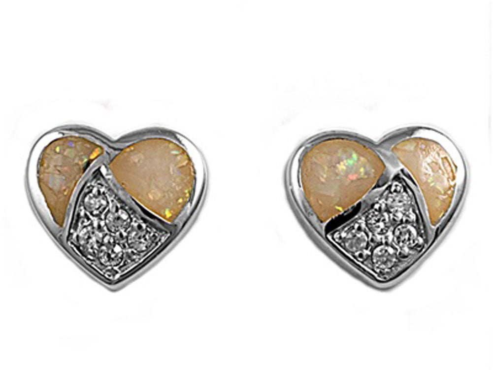 Sterling Silver Heart Micro Pave Earrings Clear CZ White Synthetic Opal 925 New