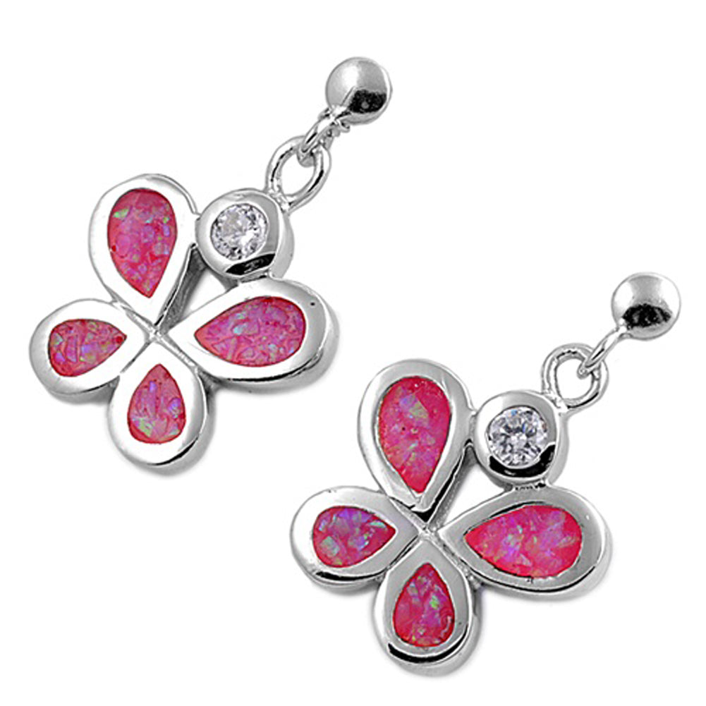 Sparkly Circle Cute Teardrop Butterfly Insect Pink Simulated Opal .925 Sterling Silver Earrings
