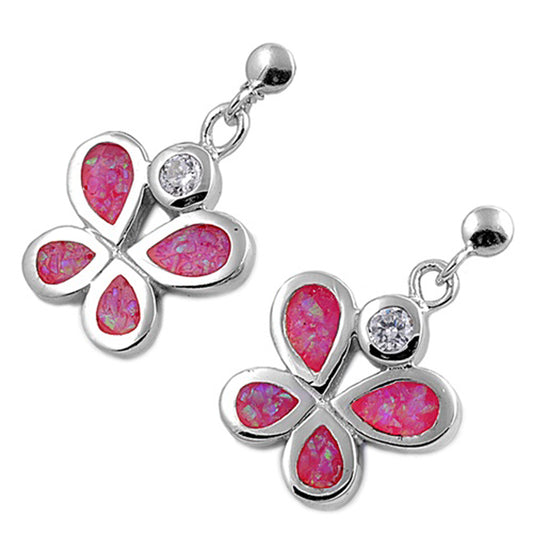 Sparkly Circle Cute Teardrop Butterfly Insect Pink Simulated Opal .925 Sterling Silver Earrings