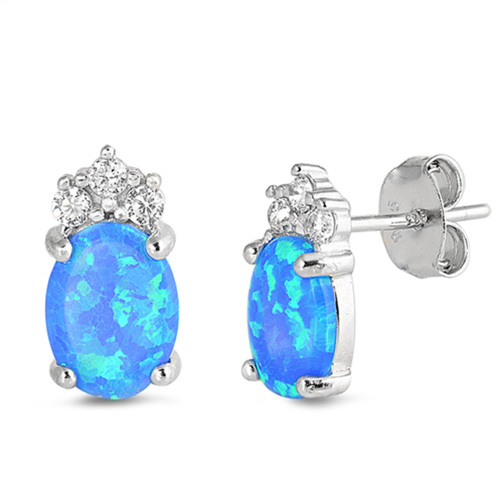Sterling Silver Oval Vintage Style Classic Earrings Blue Synthetic Opal Clear CZ