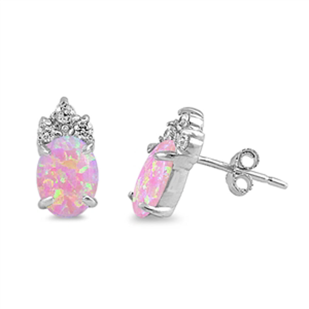 Sterling Silver Elegant Oval Vintage Style Unique Earrings Pink Synthetic Opal