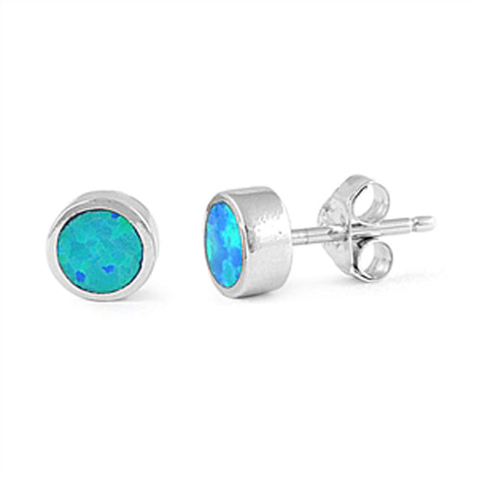 Round Earrings Blue Simulated Opal .925 Sterling Silver