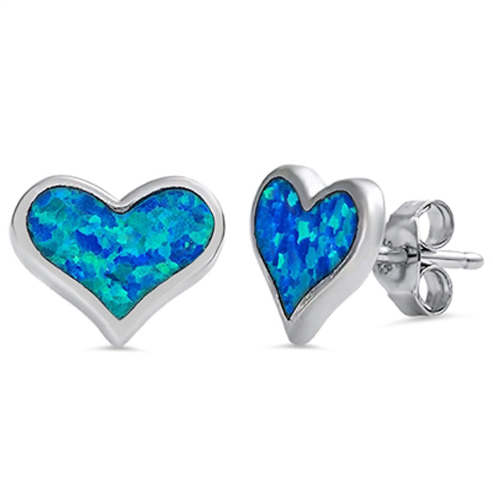 Heart Earrings Blue Simulated Opal .925 Sterling Silver