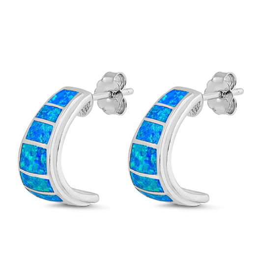 Sterling Silver Mosaic Hoop Modern Studded Earrings Blue Synthetic Opal 925 New