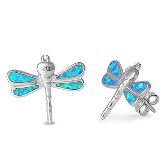 Sterling Silver Dragonfly High Polish Bug Cute Earrings Blue Synthetic Opal 925