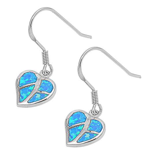 Heart Hanging Earrings Blue Simulated Opal .925 Sterling Silver